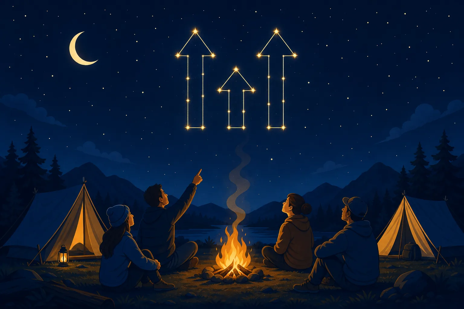 Illustrated campfire between two tents under a starry sky
