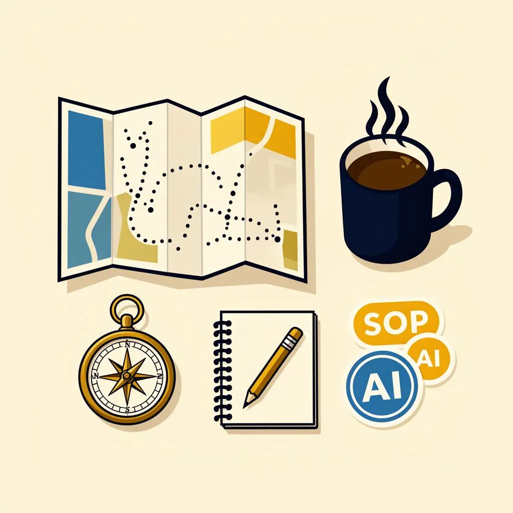 Map, compass, notebook, and keyboard on a wooden desk